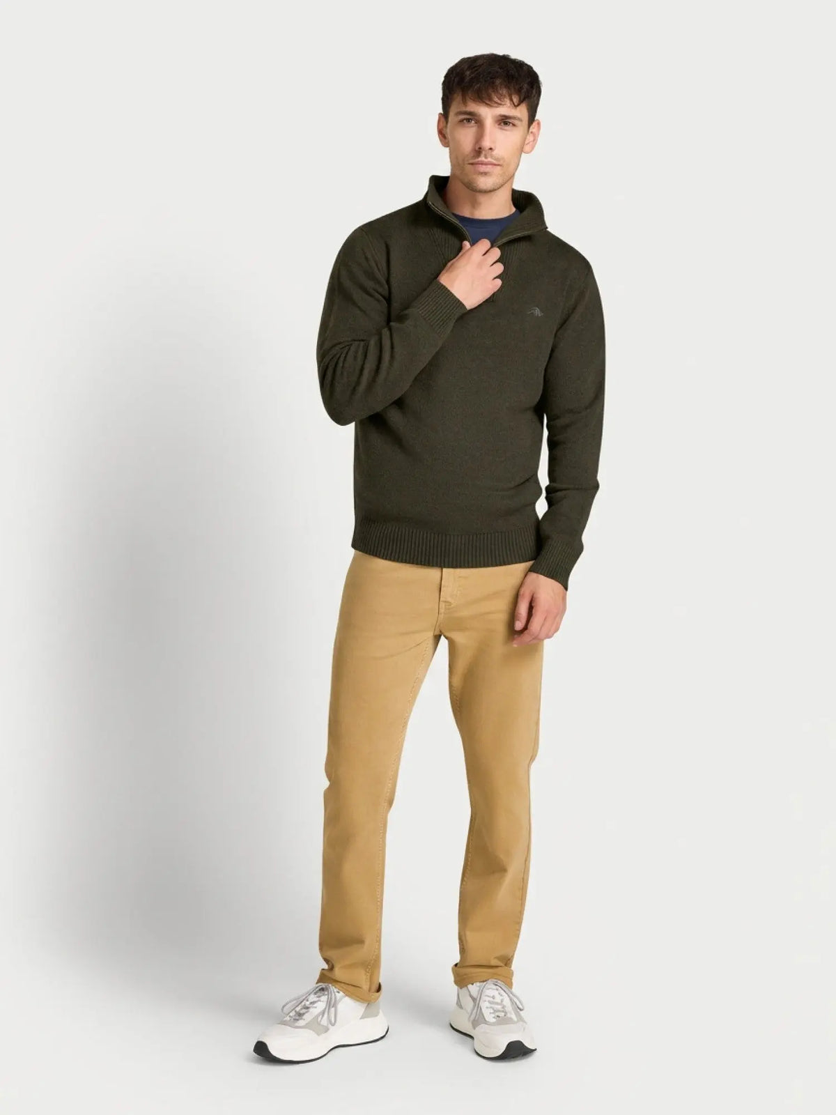 Rib Collar 1/4 Zip Knit- Khaki