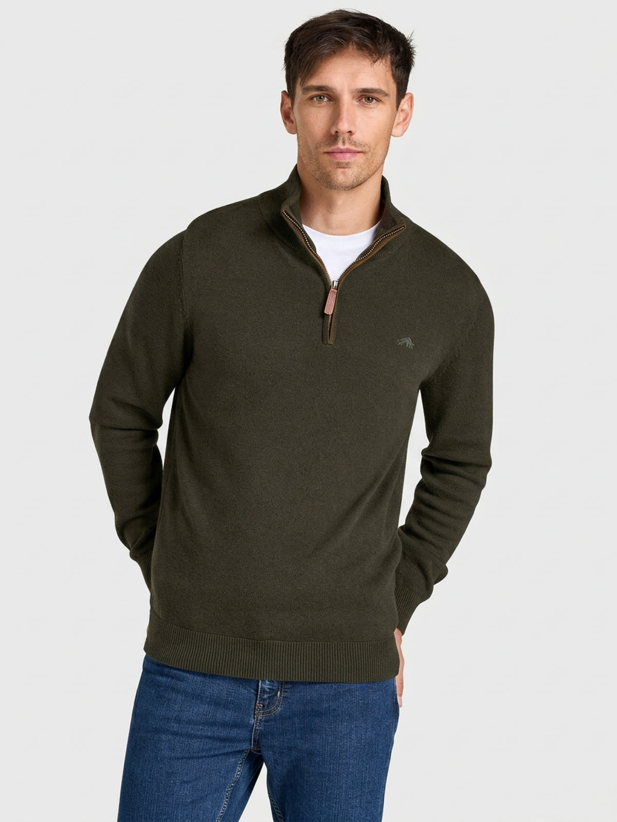 Rib Collar 1/4 Zip Knit- Khaki