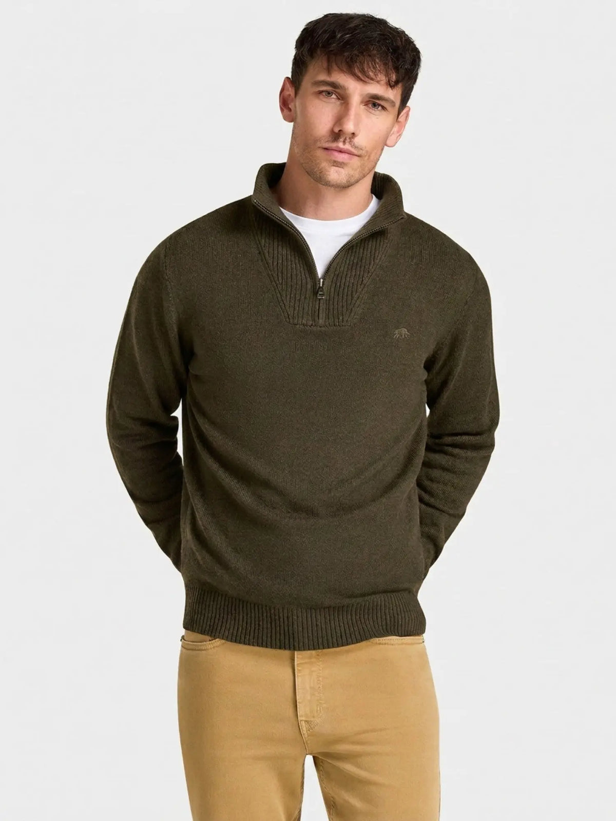 Rib Collar 1/4 Zip Knit- Khaki