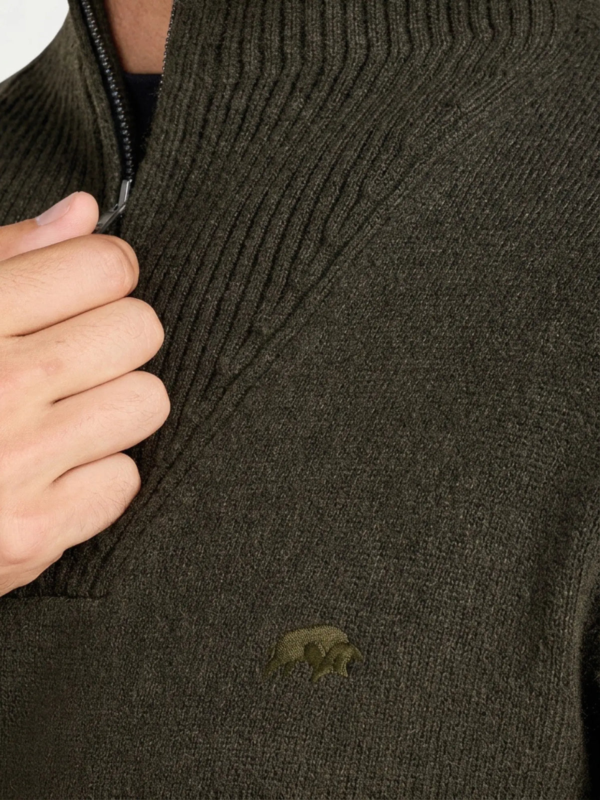 Rib Collar 1/4 Zip Knit- Khaki