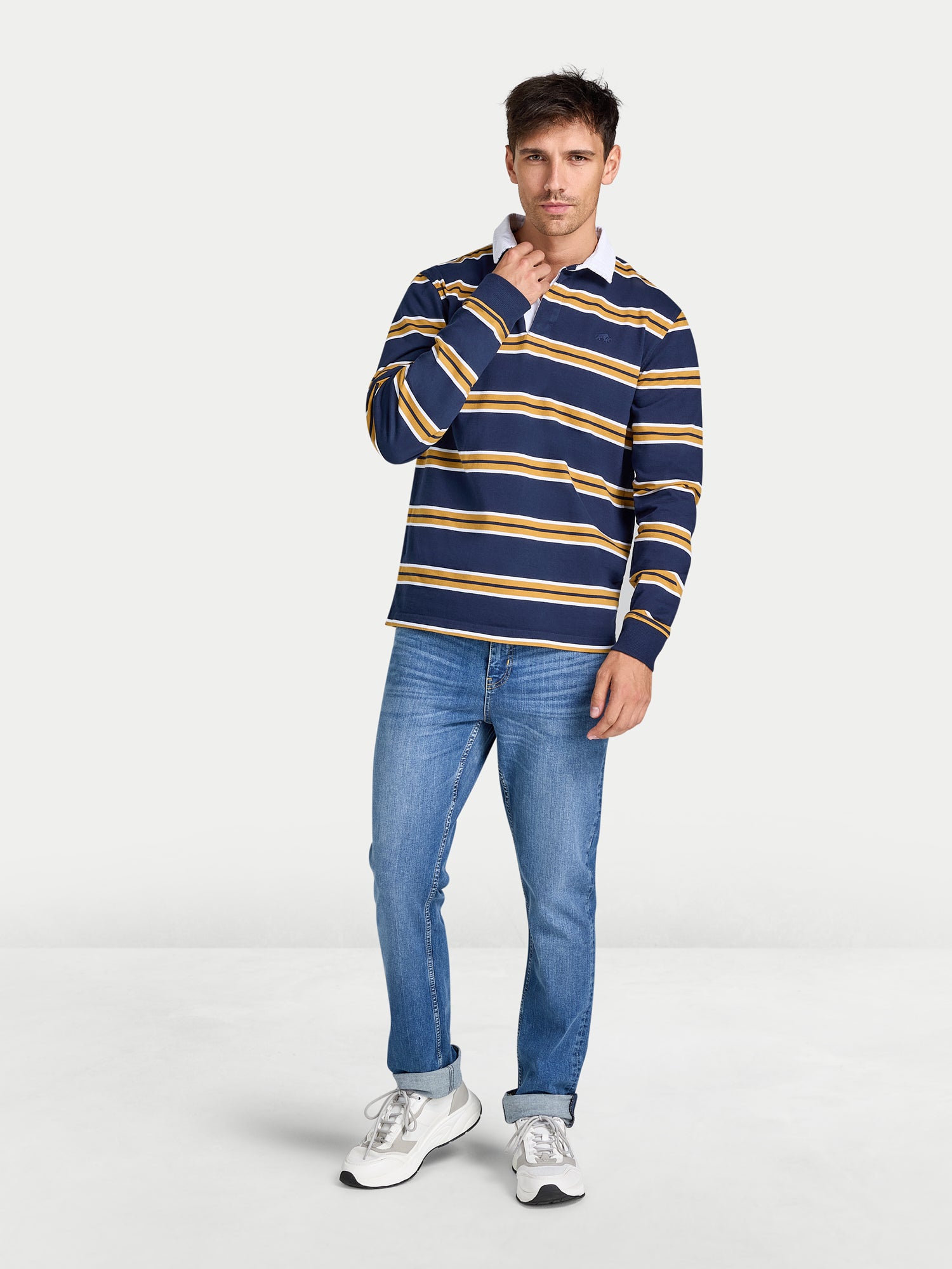Tri Colour Stripe Rugby Shirt - Long Sleeve - Navy