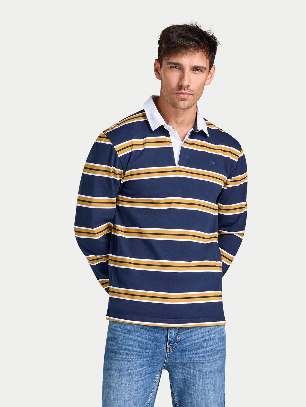 Tri Colour Stripe Rugby Shirt - Long Sleeve - Navy
