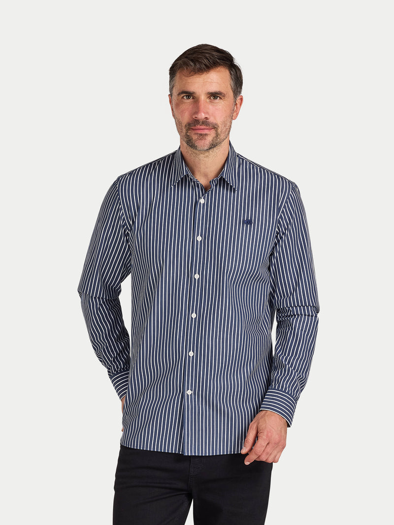 Long Sleeve Classic Poplin Stripe Shirt  - Navy