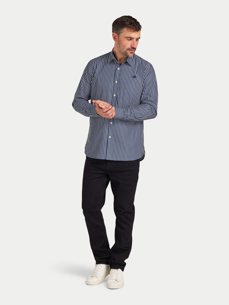 Long Sleeve Classic Poplin Stripe Shirt  - Navy