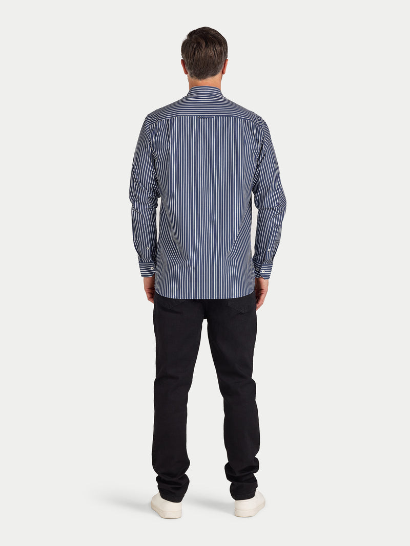 Long Sleeve Classic Poplin Stripe Shirt  - Navy