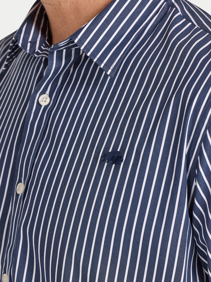 Long Sleeve Classic Poplin Stripe Shirt  - Navy