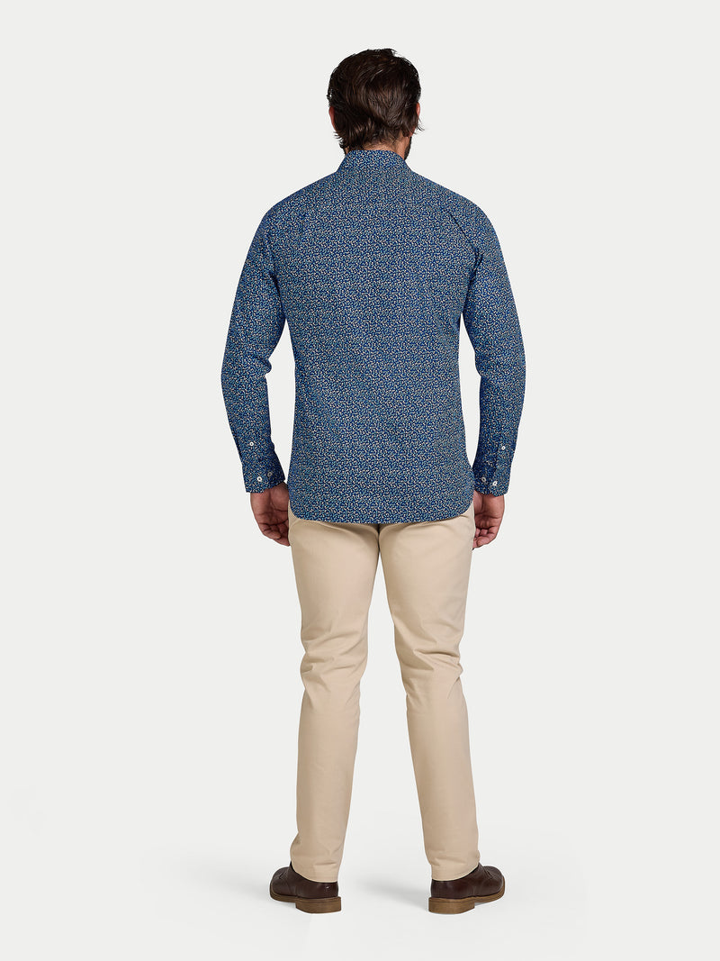 Long Sleeve Flower Bud Cotton Poplin Shirt - Navy