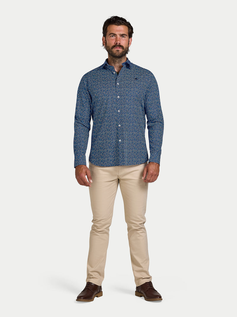 Long Sleeve Flower Bud Cotton Poplin Shirt - Navy