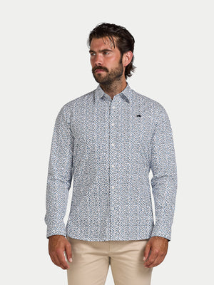 Long Sleeve Floral Print Cotton Poplin Shirt - Sky Blue