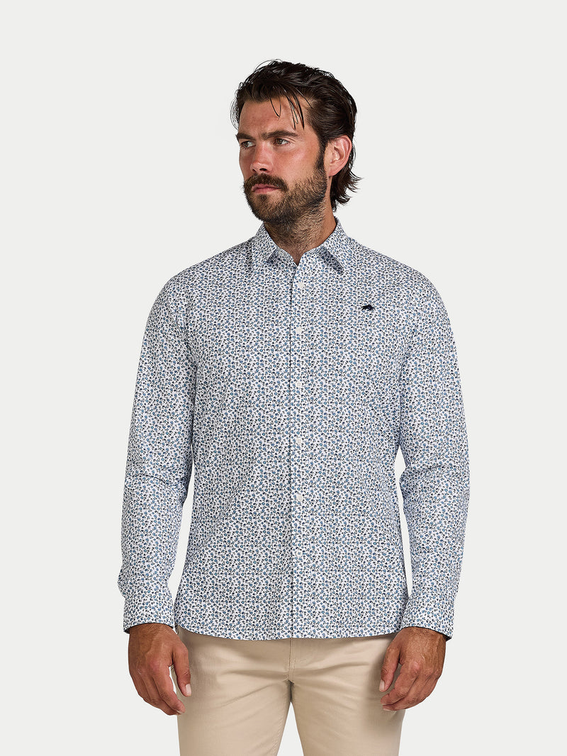 Long Sleeve Floral Print Cotton Poplin Shirt - Sky Blue