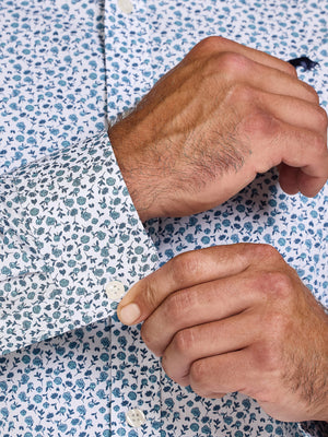 Long Sleeve Floral Print Cotton Poplin Shirt - Sky Blue