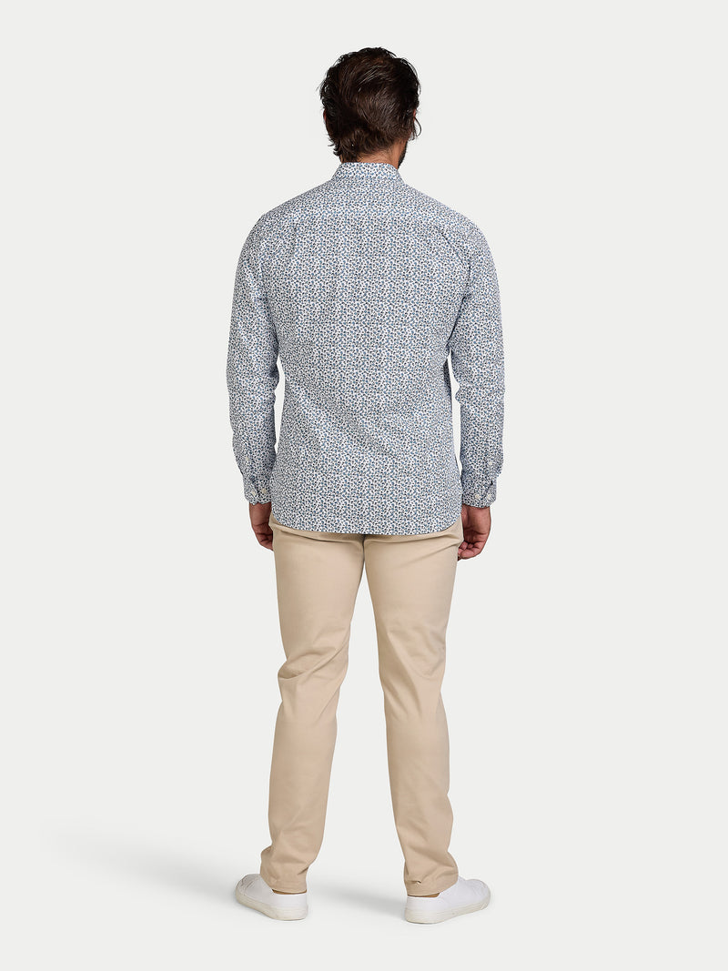 Long Sleeve Floral Print Cotton Poplin Shirt - Sky Blue