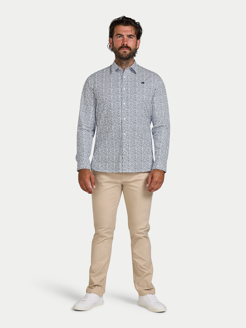 Long Sleeve Floral Print Cotton Poplin Shirt - Sky Blue