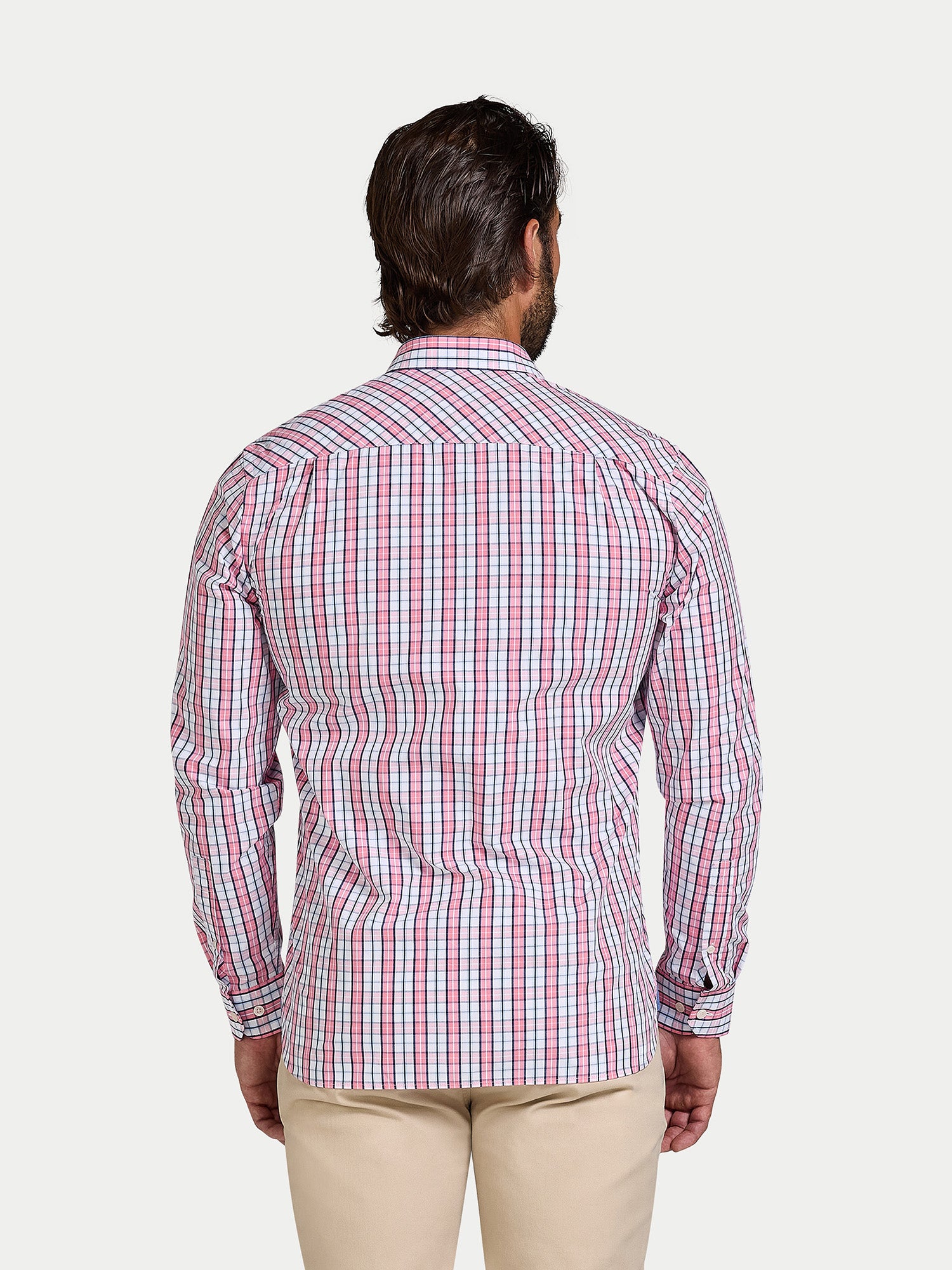 Man wearing Raging Bull Large Check Cotton Poplin Short Sleeve Shirt in Pink, back detail, available in sizes S-6XL.