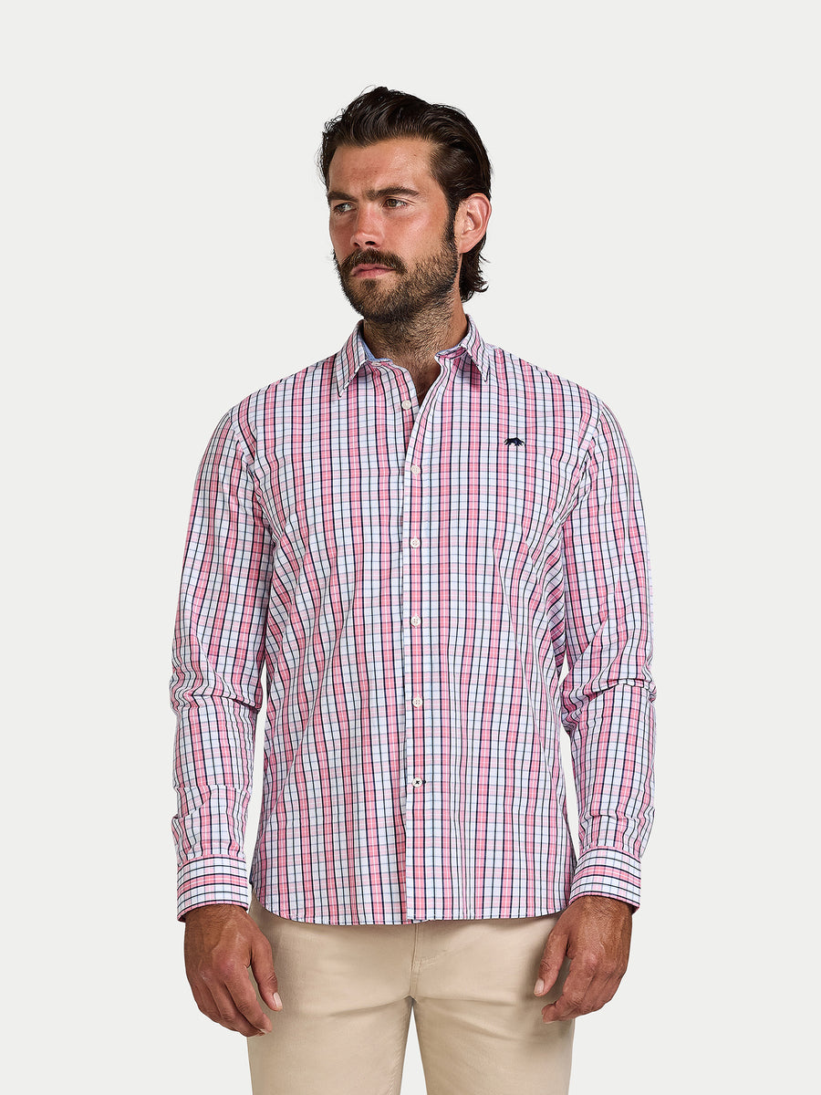 Short Sleeve Large Check Cotton Poplin Shirt - Pink - Raging Bull ...