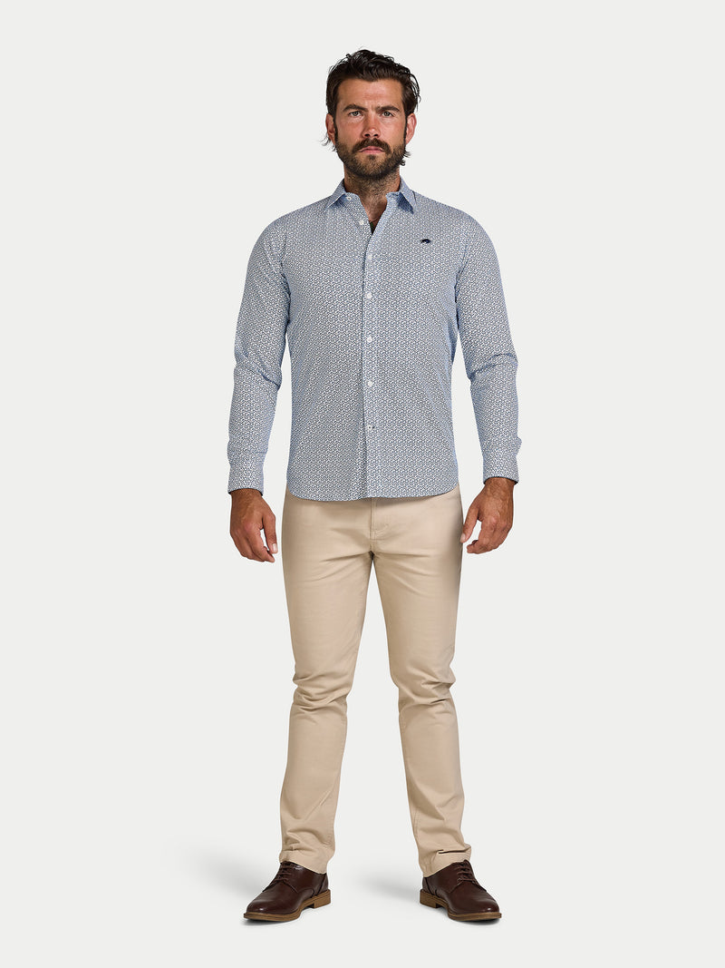 Long Sleeve Pentagon Pattern Cotton Poplin Shirt - White