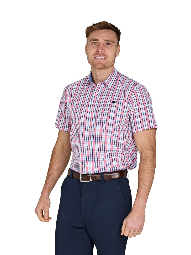 Short Sleeve Large Check Cotton Poplin Shirt - Pink