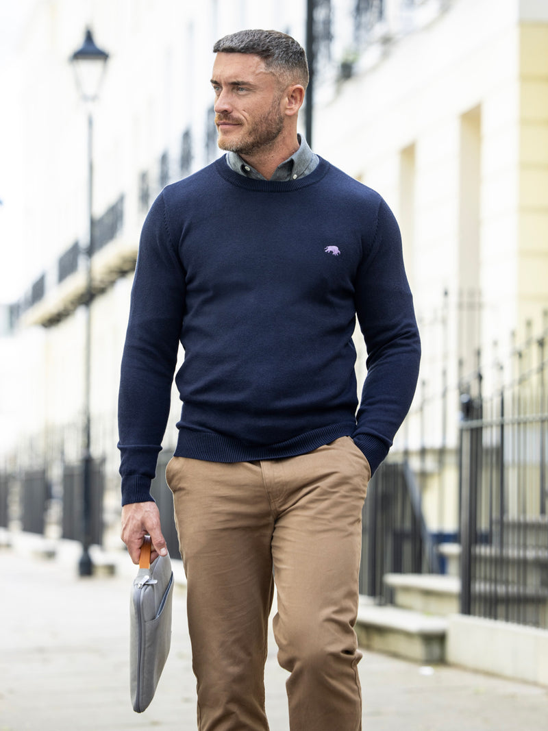 Classic Crew Neck Cotton/Cashmere Knit - Navy