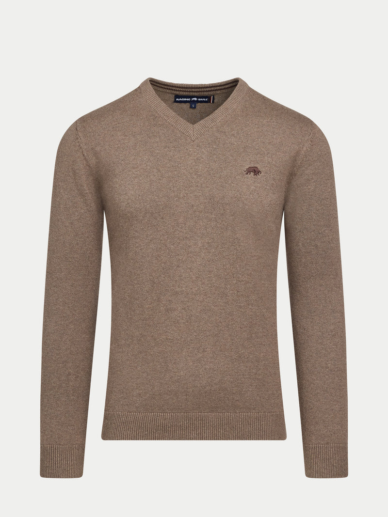 Classic V Neck Cotton/Cashmere Knit - Toast