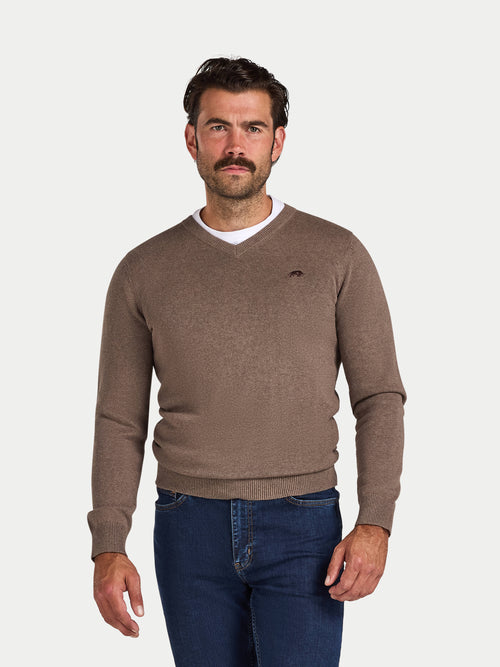 Classic V Neck Cotton/Cashmere Knit - Toast
