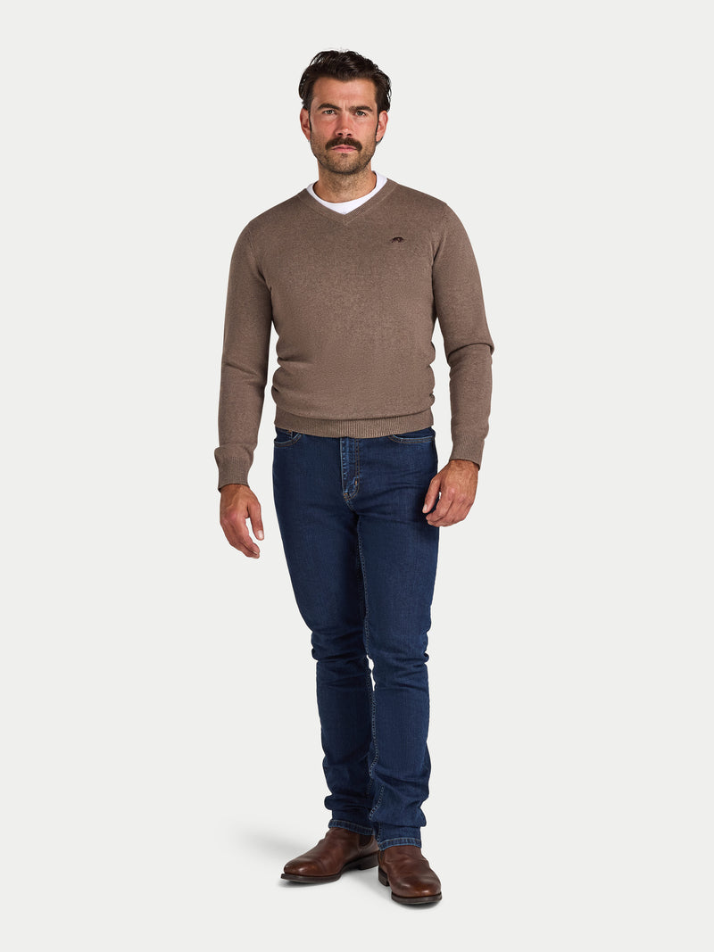 Classic V Neck Cotton/Cashmere Knit - Toast