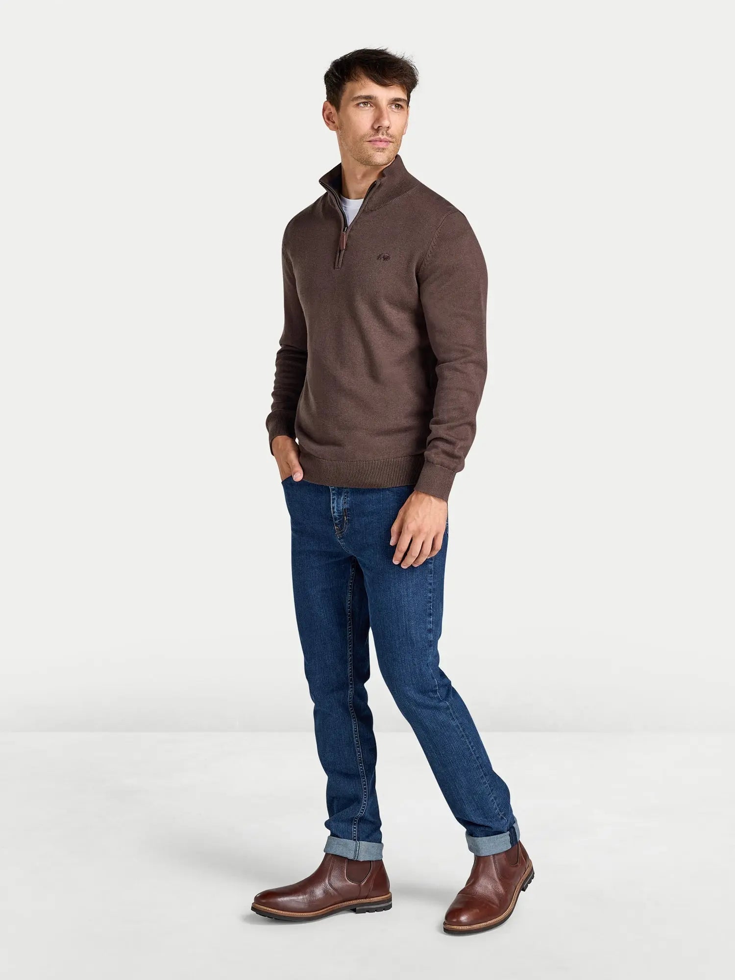 Classic Cotton/Cashmere Quarter Zip Knit - Brown Raging Bull Clothing