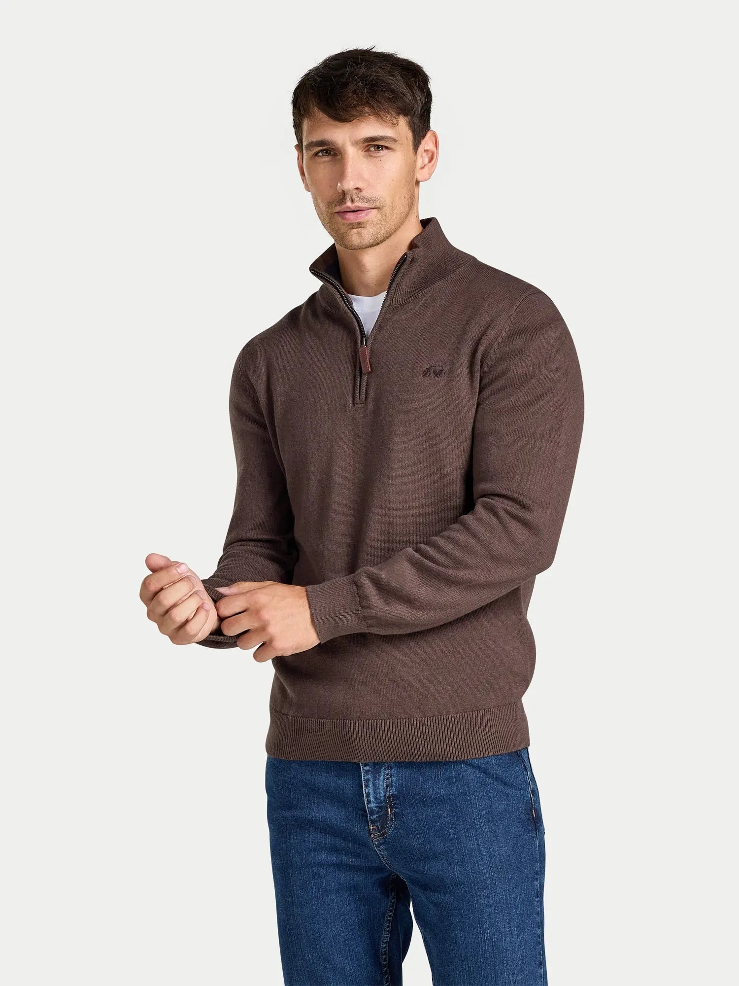 Classic Cotton/Cashmere Quarter Zip Knit - Brown Raging Bull Clothing