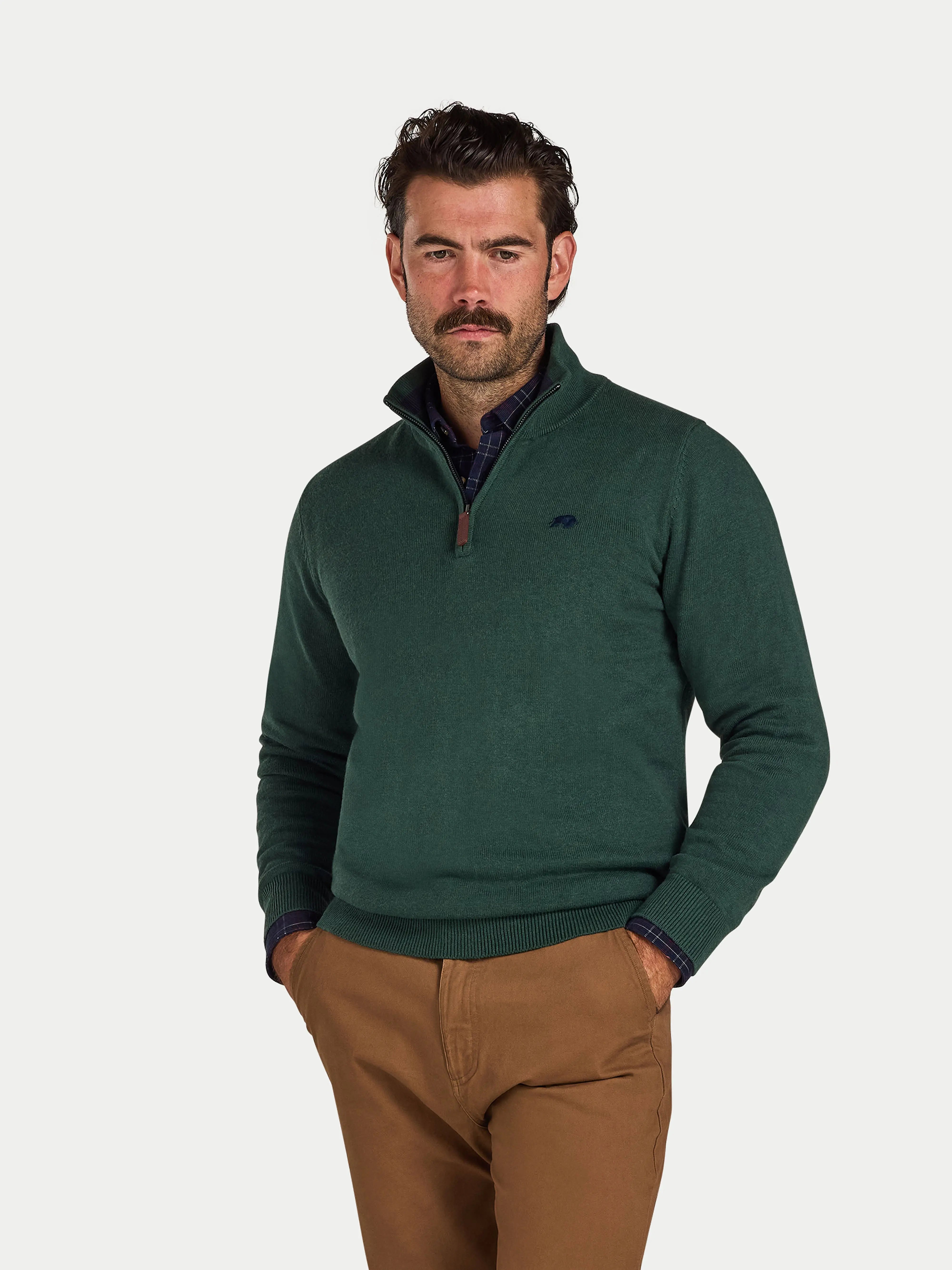 Classic Quarter Zip Cotton/Cashmere Knit - Forest Clearance