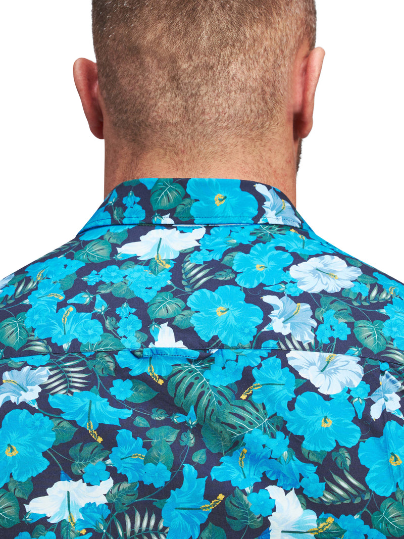 Short Sleeve Hawaiian Print Shirt - Mid Blue