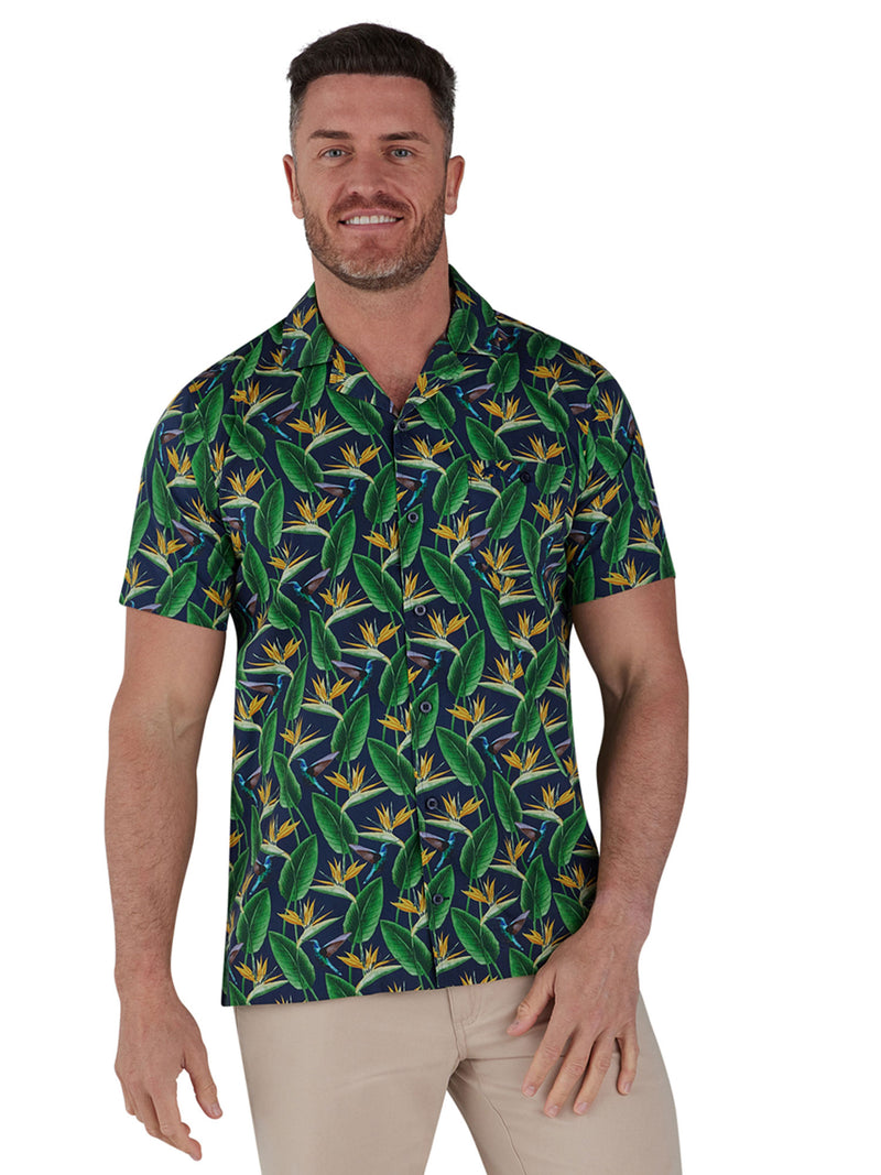 Short Sleeve Tropical Print Shirt - Navy