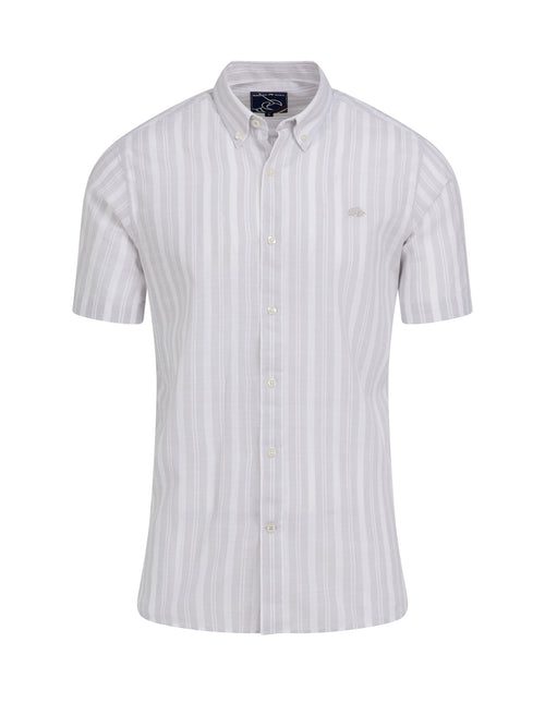 Short Sleeve Multi Stripe Cotton Linen Look Shirt - Grey