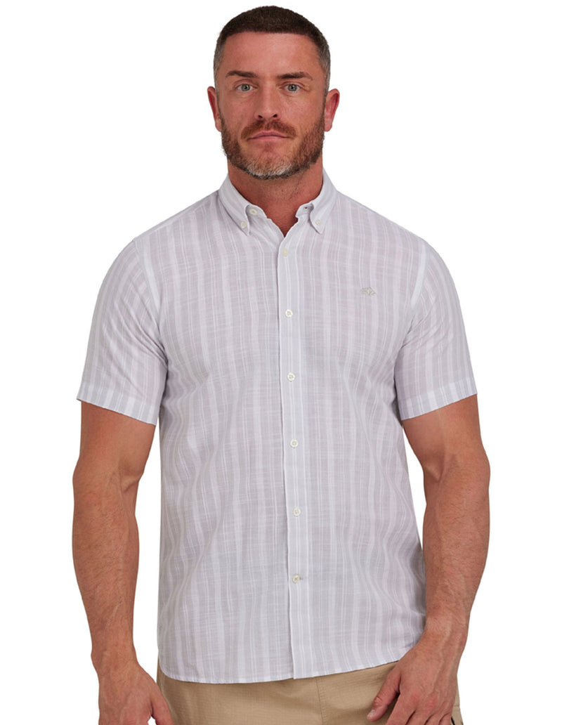 Short Sleeve Multi Stripe Linen Look Shirt - Grey