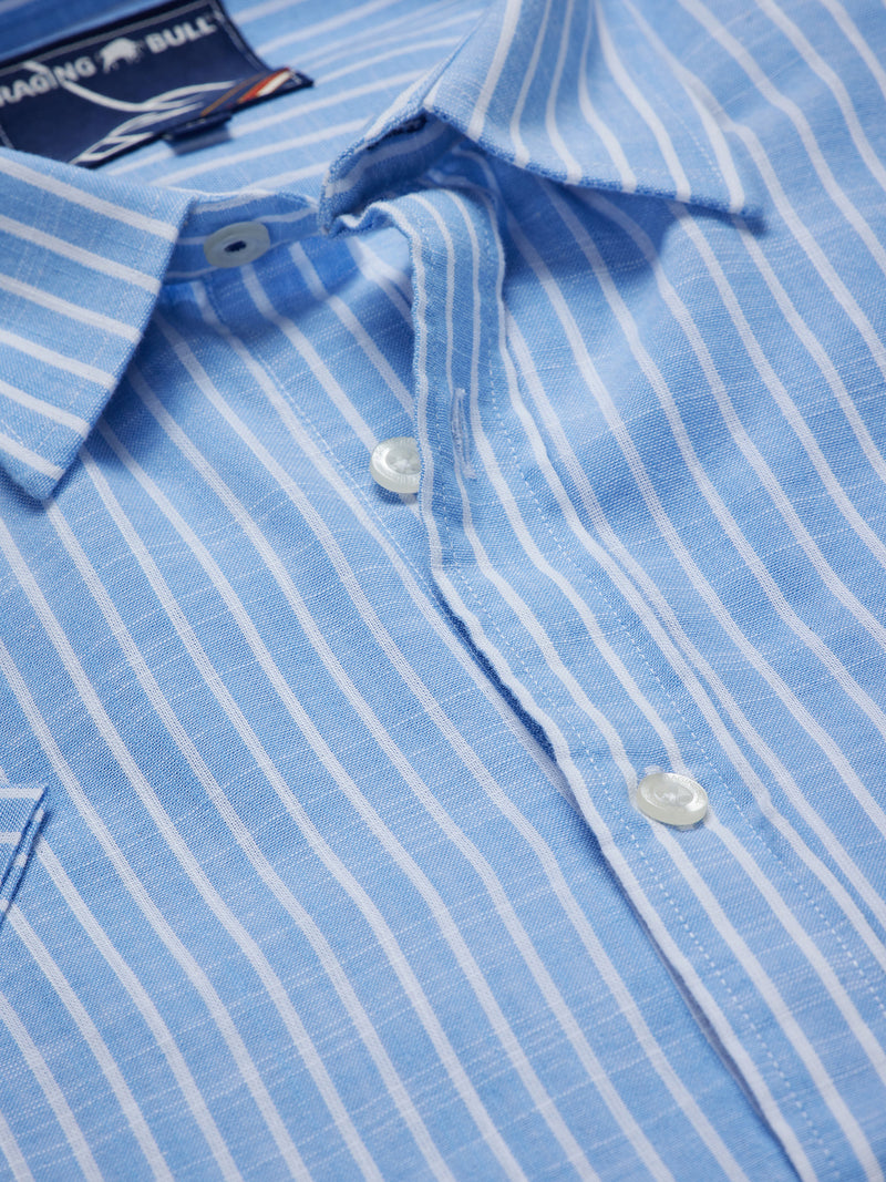 Short Sleeve Fine Stripe Linen Look Shirt  - Sky Blue