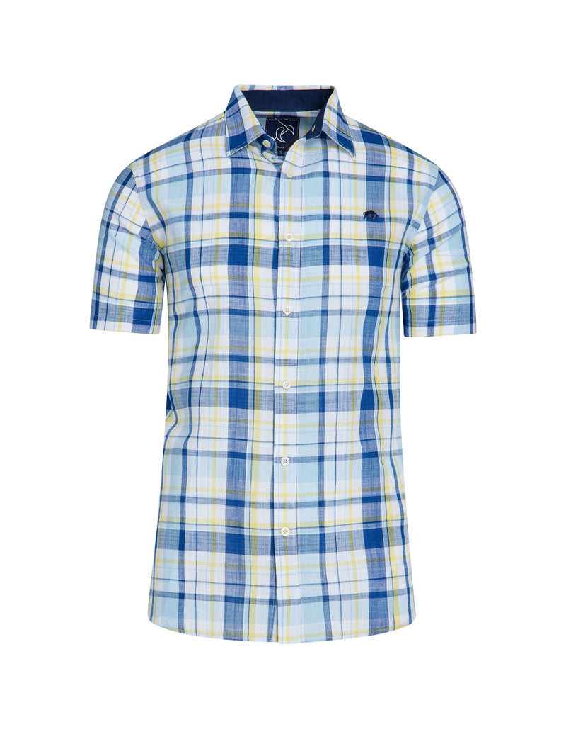 Short Sleeve Madras Check Linen Look Shirt - Sky Blue