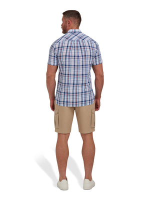 Short Sleeve Large Multi Check Linen Look Shirt  - Navy