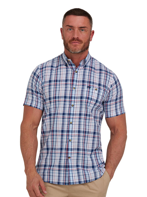 Short Sleeve Large Multi Check Linen Look Shirt  - Navy