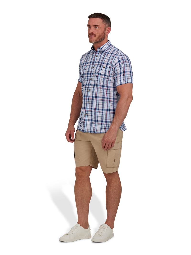 Short Sleeve Large Multi Check Linen Look Shirt  - Navy