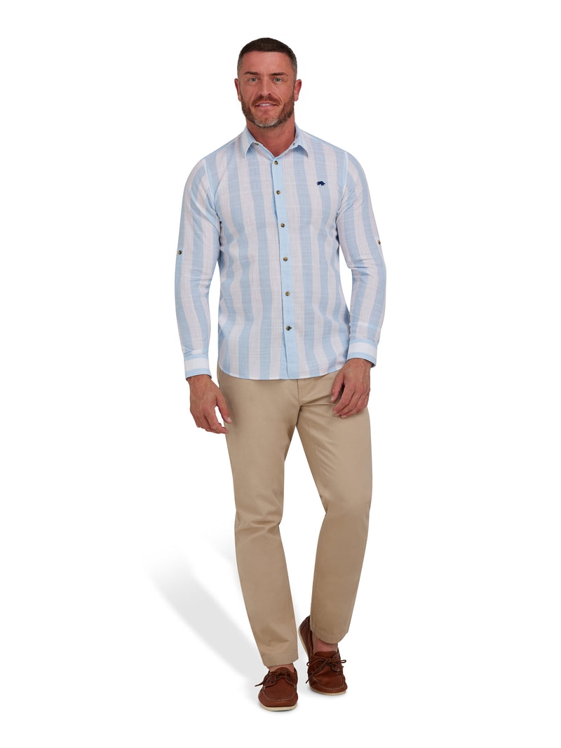 Long Sleeve Wide Stripe Button Up Sleeve Linen Look Shirt - Sky Blue