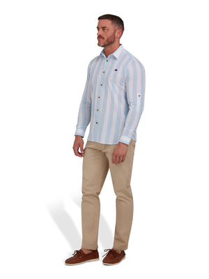 Long Sleeve Wide Stripe Button Up Sleeve Linen Look Shirt - Sky Blue