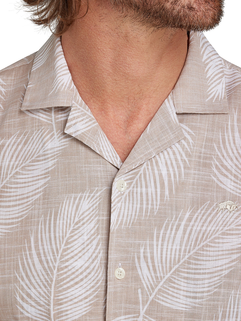 Short Sleeve Palm Leaf Linen Look Cotton Shirt - Sand