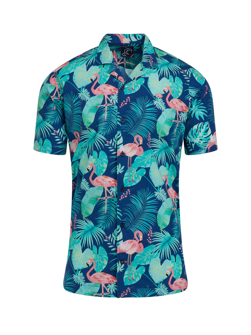 Short Sleeve Flamingo Cotton Poplin Shirt - Navy