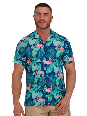 Short Sleeve Flamingo Cotton Poplin Shirt - Navy