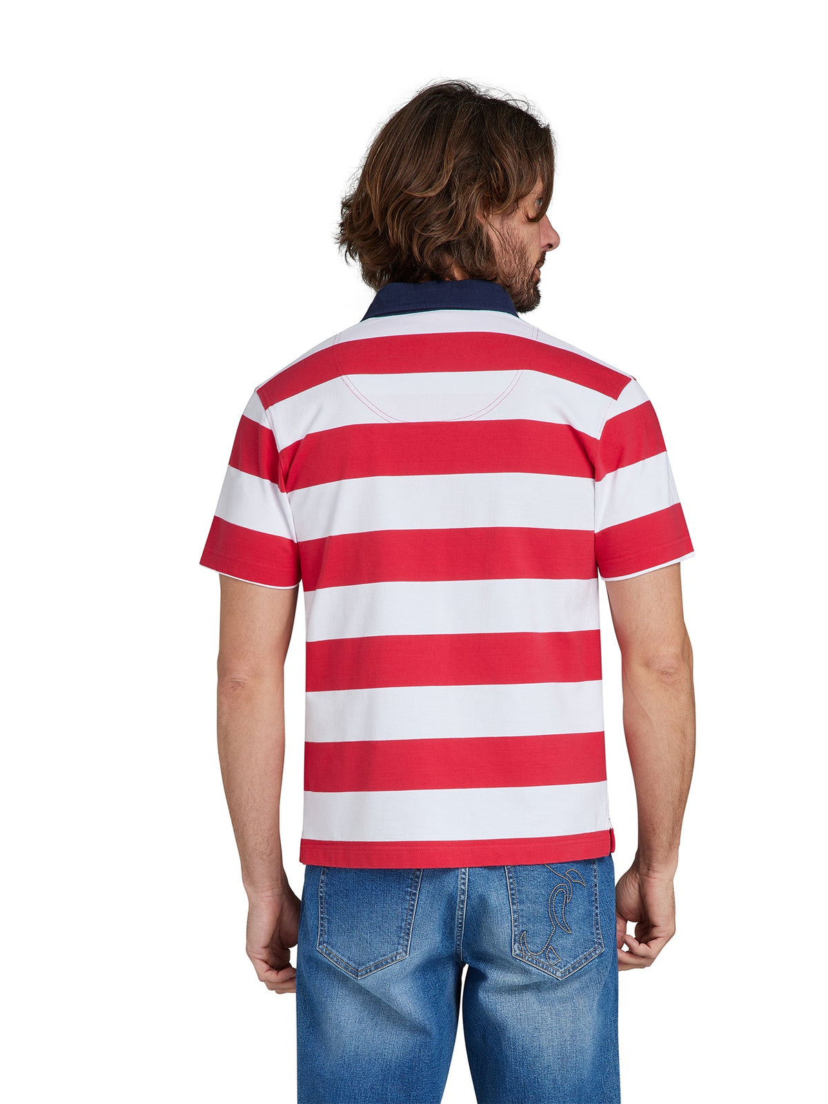 red white and blue striped polo shirt