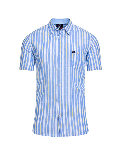 Short Sleeve Multi Stripe Cotton Linen Look Shirt - Mid Blue
