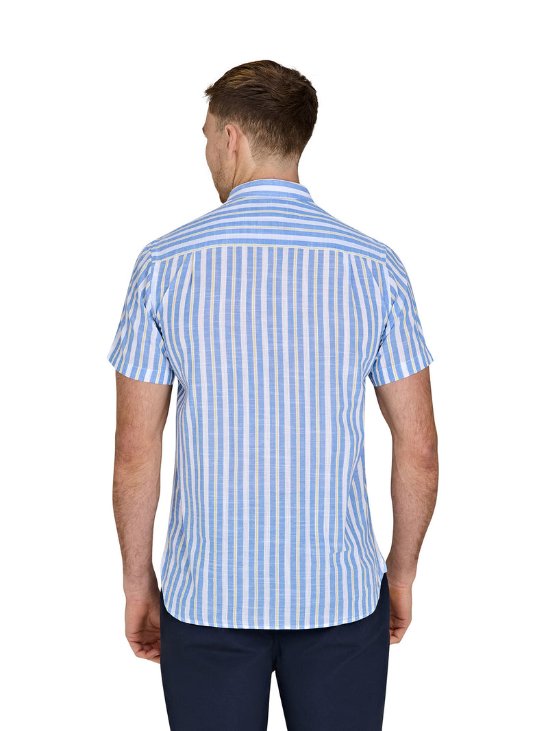 Short Sleeve Multi Stripe Cotton Linen Look Shirt - Mid Blue