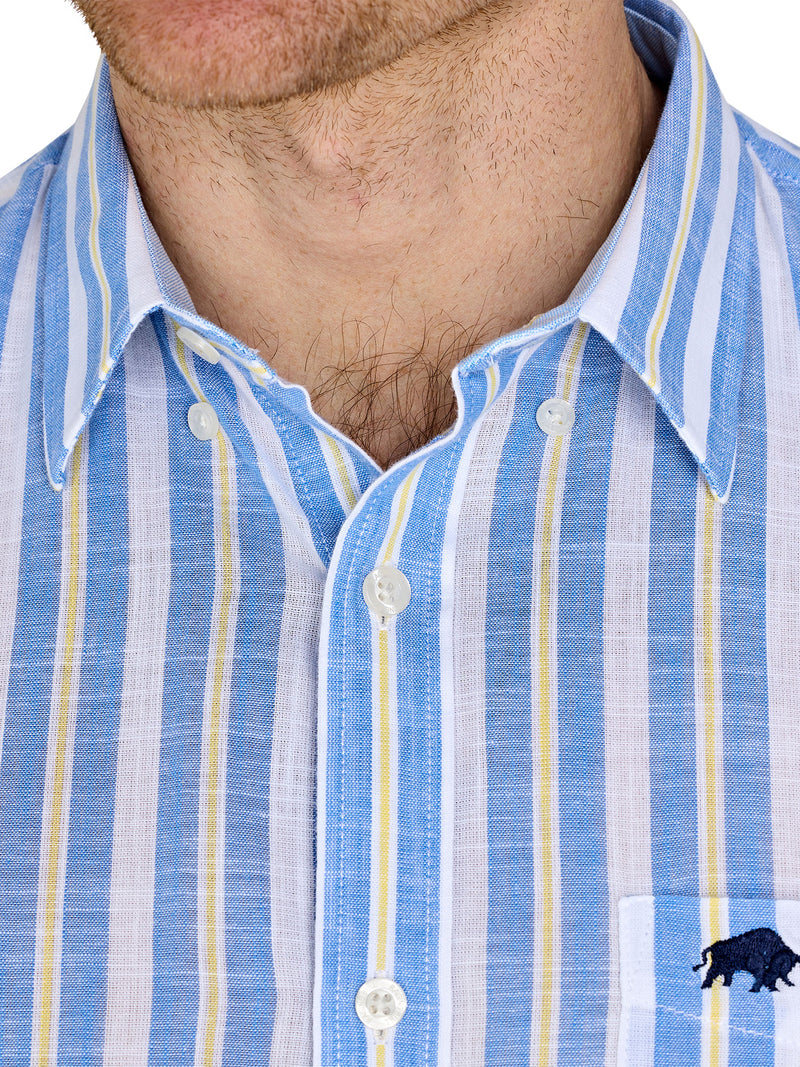Short Sleeve Multi Stripe Cotton Linen Look Shirt - Mid Blue