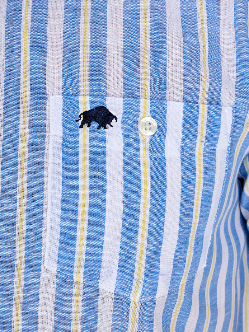 Short Sleeve Multi Stripe Cotton Linen Look Shirt - Mid Blue