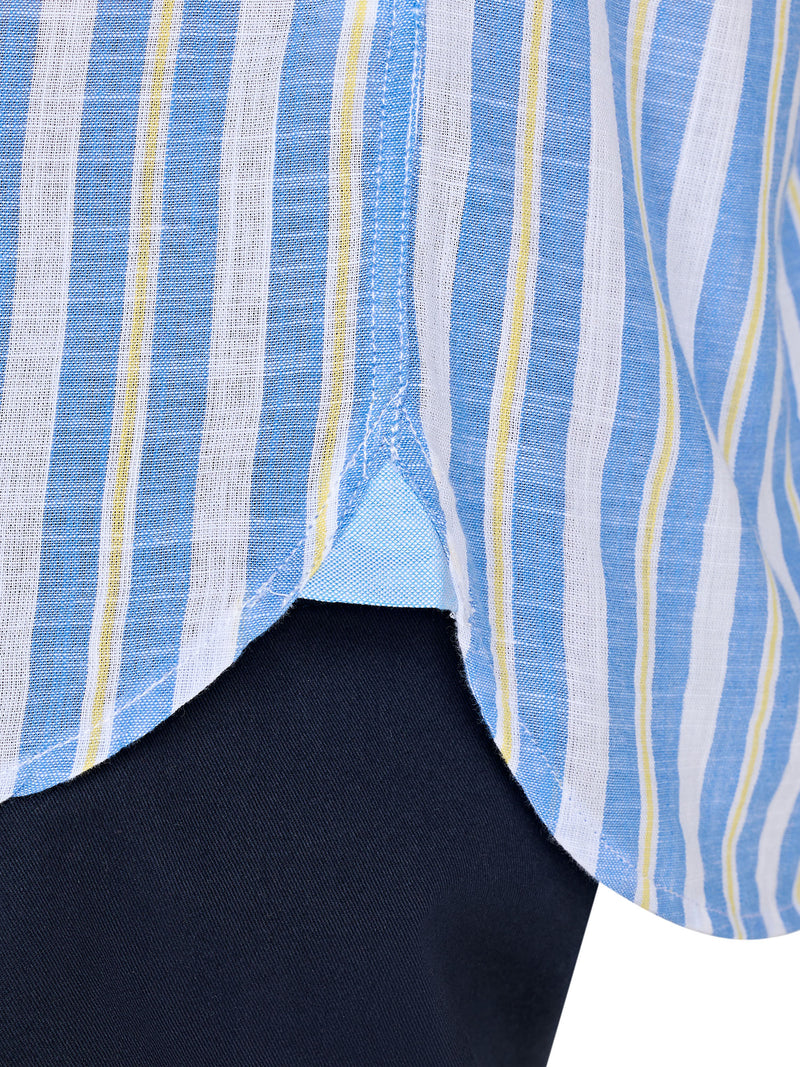 Short Sleeve Multi Stripe Cotton Linen Look Shirt - Mid Blue