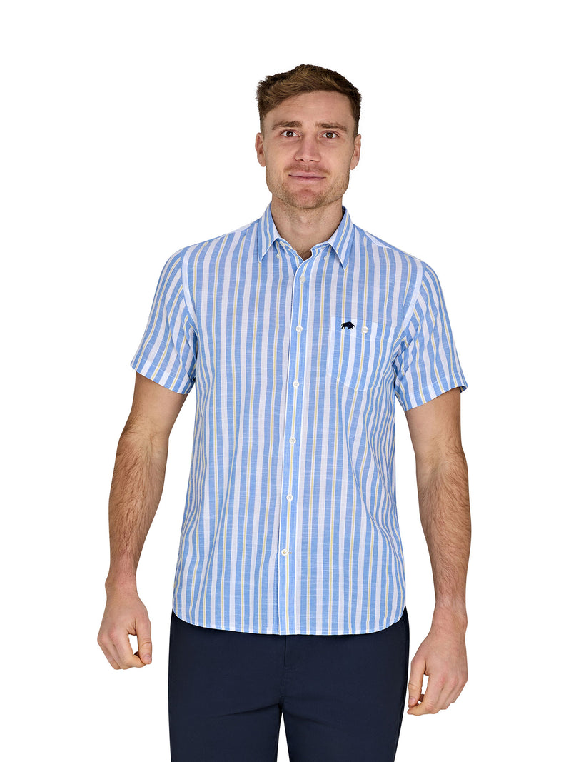 Short Sleeve Multi Stripe Cotton Linen Look Shirt - Mid Blue