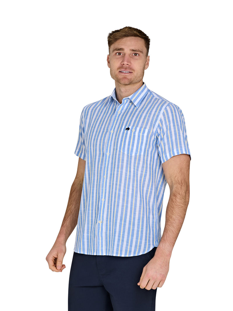 Short Sleeve Multi Stripe Cotton Linen Look Shirt - Mid Blue